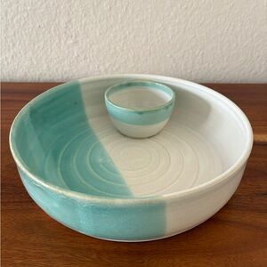Coastal Clay Turquoise Aqua Ceramic Pottery Chip & Dip Serving Bowl 10” Handmade